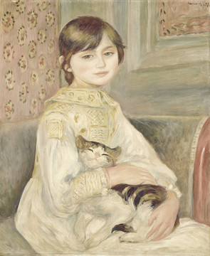 雷诺阿抱着宠物猫的女性油画