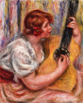 雷诺阿弹吉他的女人油画