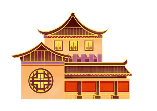 原创手绘红色中国风楼房建筑插画