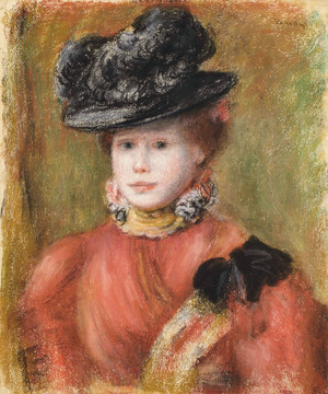 雷诺阿穿红衣服的女人肖像油画