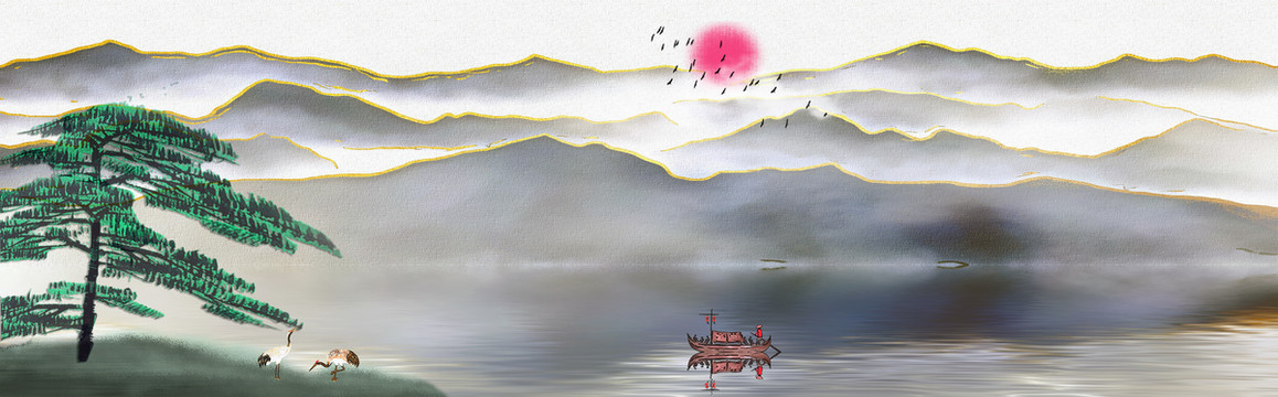 新中式背景墻長(zhǎng)條山水