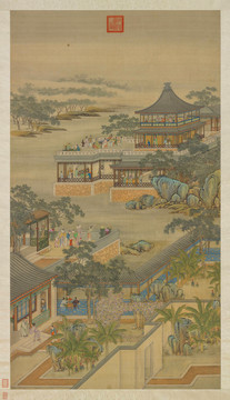 丁觀鵬畫院畫十二月月令軸八月賞月
