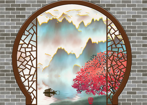 新中式山水背景墻