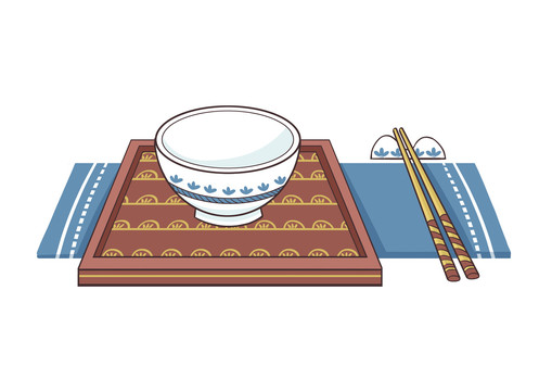 扁平勾线白瓷蓝花碗筷餐具插画