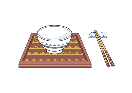 扁平白瓷藍(lán)花碗筷餐具托盤插畫