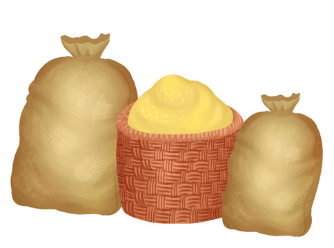 黄色装满小麦的箩筐麻袋素材插画