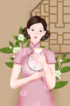 旗袍美女插画手绘