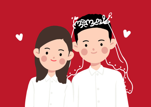卡通紅底白襯衫結(jié)婚照