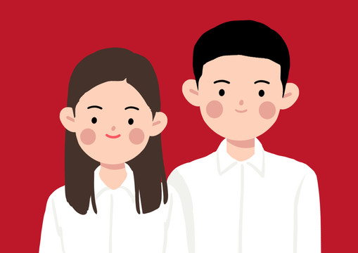 卡通紅底白襯衫結(jié)婚照