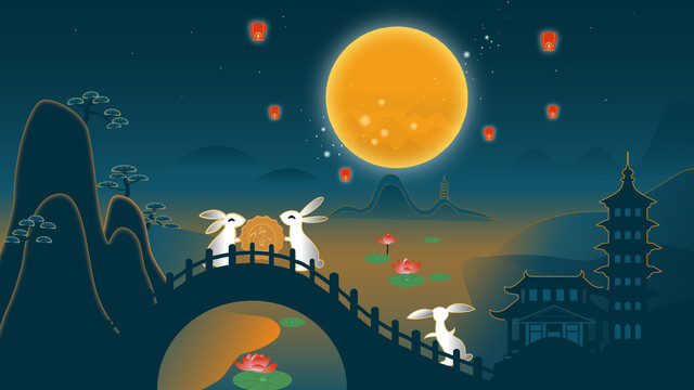 復古風燙金玉兔中秋插畫