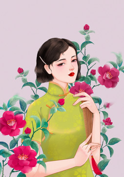山茶花與旗袍美人插畫