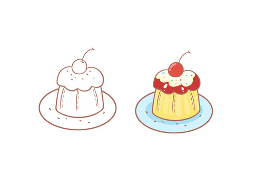 卡通甜品类樱桃口味布丁蛋糕插画