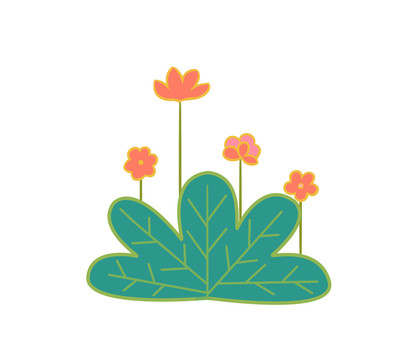 卡通開紅色小花的綠植草叢插畫