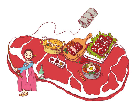 矢量手绘插画人物插画韩式烤肉