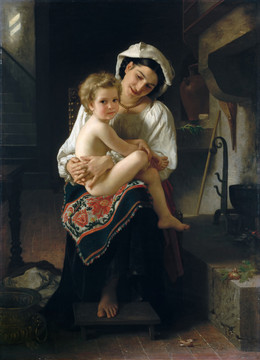 布格罗抱着孩子的母亲油画