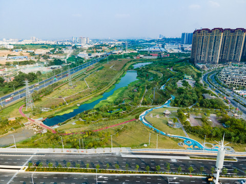 航拍广西南宁那考河湿地公园