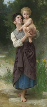 威廉·阿道夫·布格罗树林里母亲抱着小孩的油画