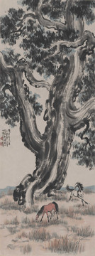徐悲鴻柏樹雙馬圖