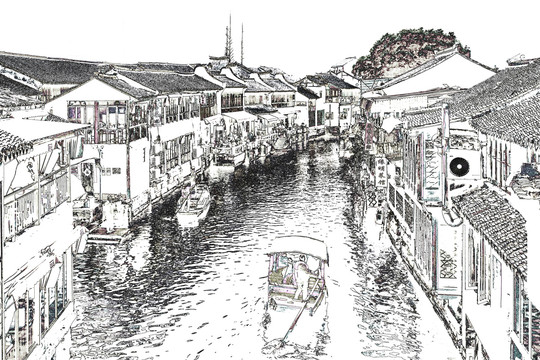 朱家角古鎮(zhèn)線描