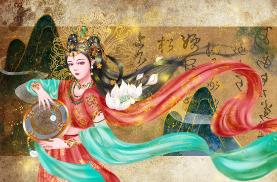 敦煌古風(fēng)美女國潮復(fù)古華麗插畫