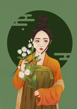 手绘古风美人插画花茶包装