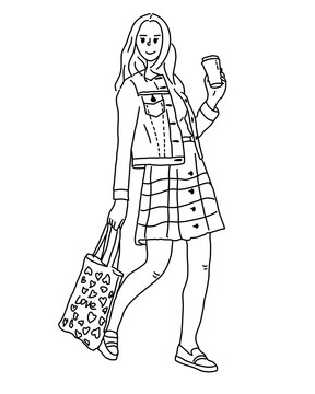 奶茶女孩人物插畫線稿