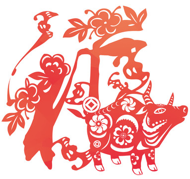 五福剪紙牛