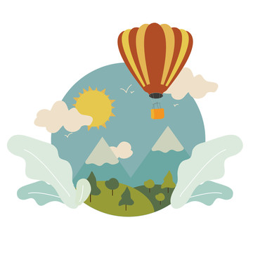 热气球山川绿地自然风景扁平插画