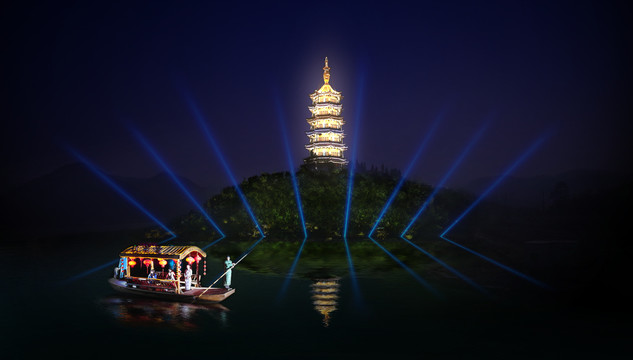 道路園林夜景燈光塔效果圖