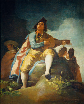 戈雅坐在石头上弹吉他的男士油画
