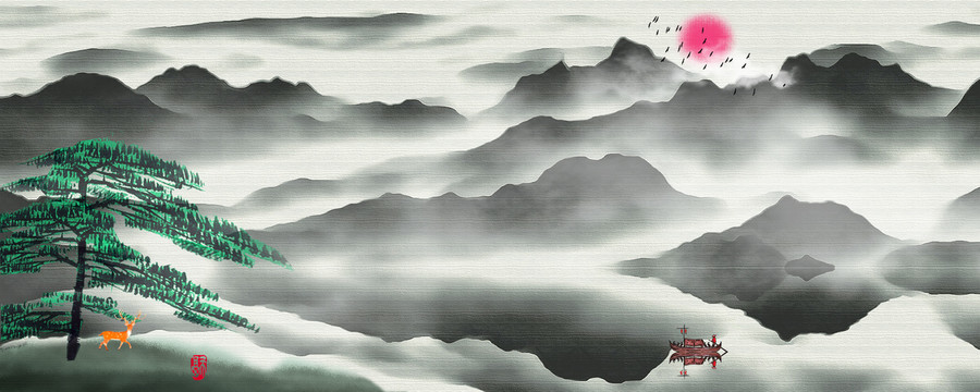 新中式山水情背景壁画