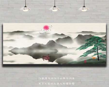 水墨背景大堂壁画