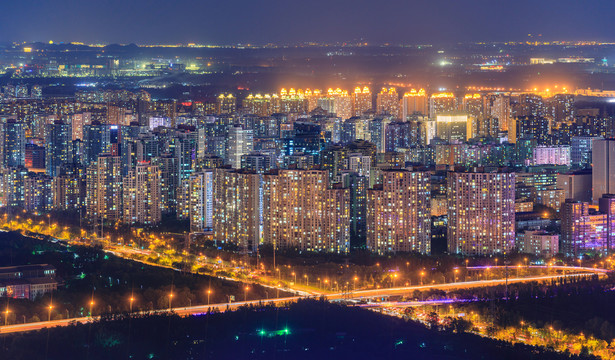 俯瞰北京城市建筑群夜景