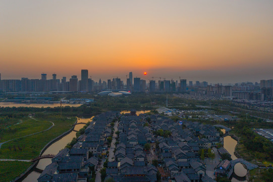 日照城市风光东夷小镇日落