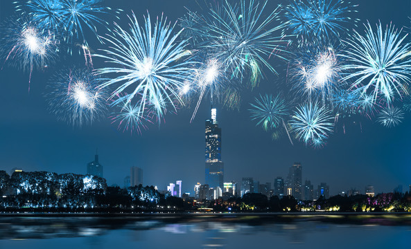 城市倒影烟花夜景