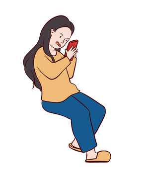 彎腰塌肩坐著玩手機(jī)的女士插畫