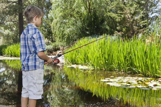 在湖边钓鱼的小男孩