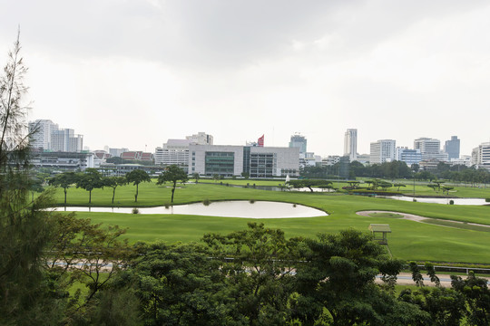 高尔夫球场和城市天际线景观