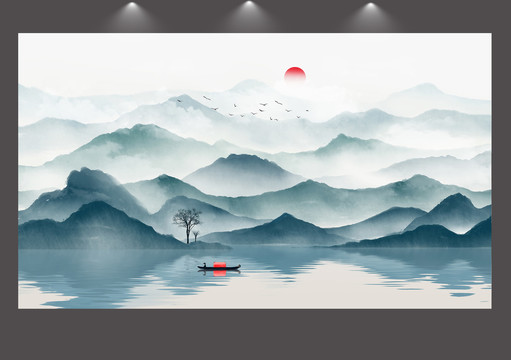 新中式客廳背景墻水墨山水畫