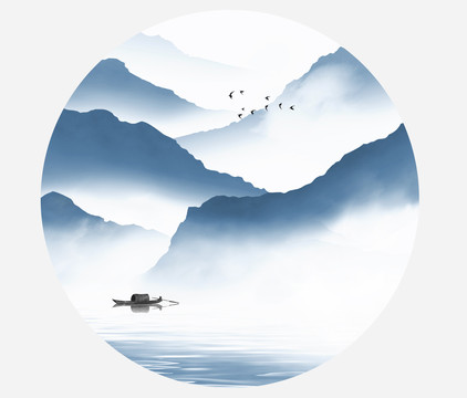 手繪藍(lán)色意境淡雅中式山水畫