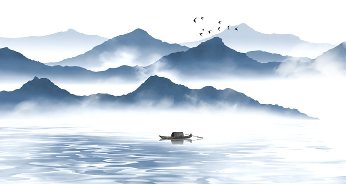 手繪藍(lán)色意境淡雅中式山水畫