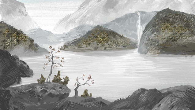 手绘中国风意境淡雅山水画