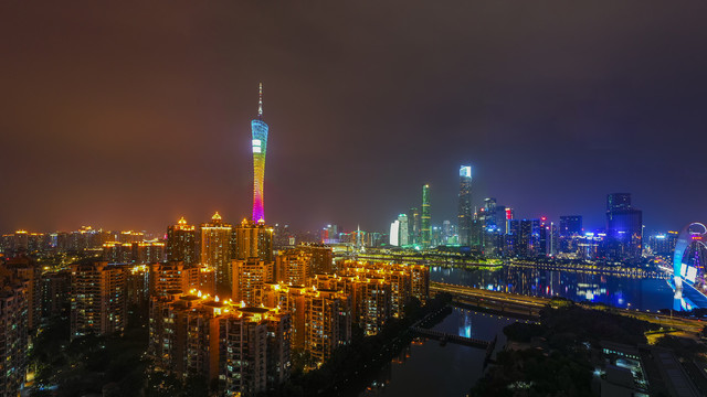 航拍中国广州城市夜景