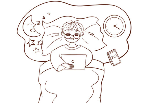 男孩深夜沉迷網(wǎng)絡(luò)不休息簡筆畫