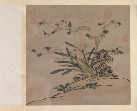 楊士賢緙絲花卉冊之茶花水仙
