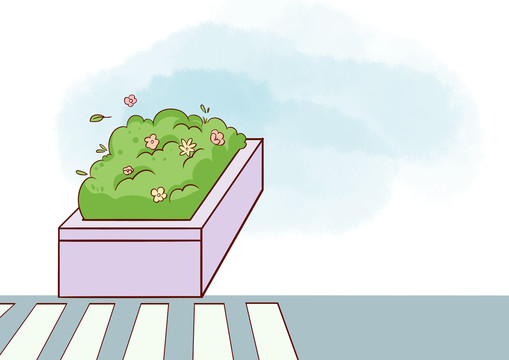 手繪卡通人行道旁邊的花圃插畫