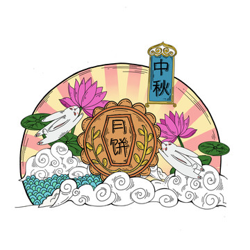 手绘国潮风中秋节月饼插画