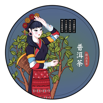 云南少数民族布朗普洱茶包装插画