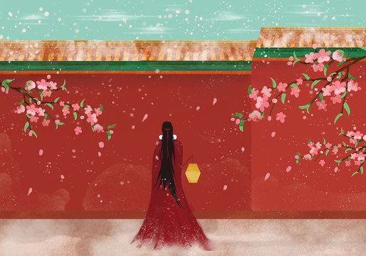 故宮唯美宮墻古典女性背影插畫