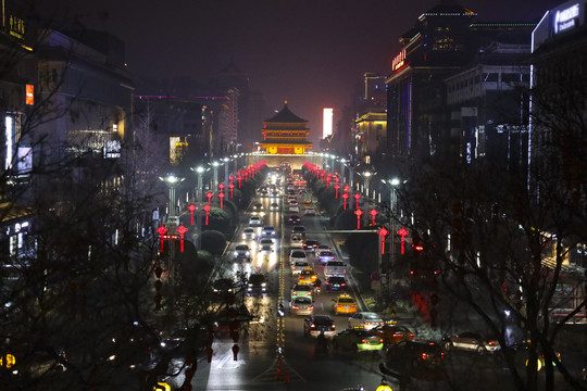 西安钟楼南大街夜景风光